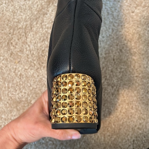 Kurt Geiger Mayfair black leather over the knee heel boots rhinestone gold shoe - Picture 7 of 12